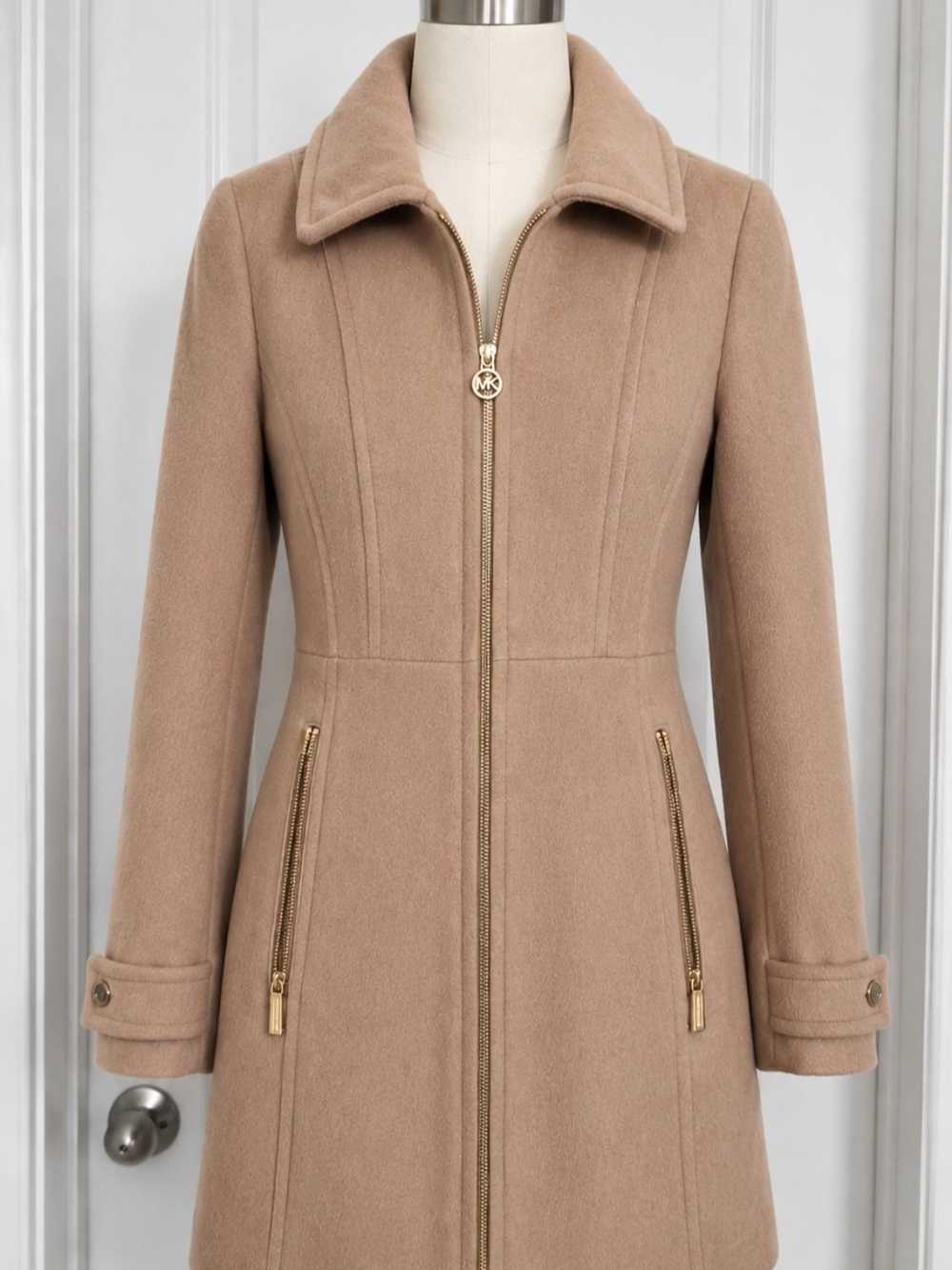 Michael Kors Camel Wool Blend Zip Front Coat Jacket Gold Hardware Women's - Picture 6 of 11